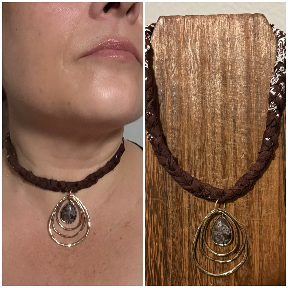 Handmade Braided Brown bandana Choker Necklace with Gold Pendant
